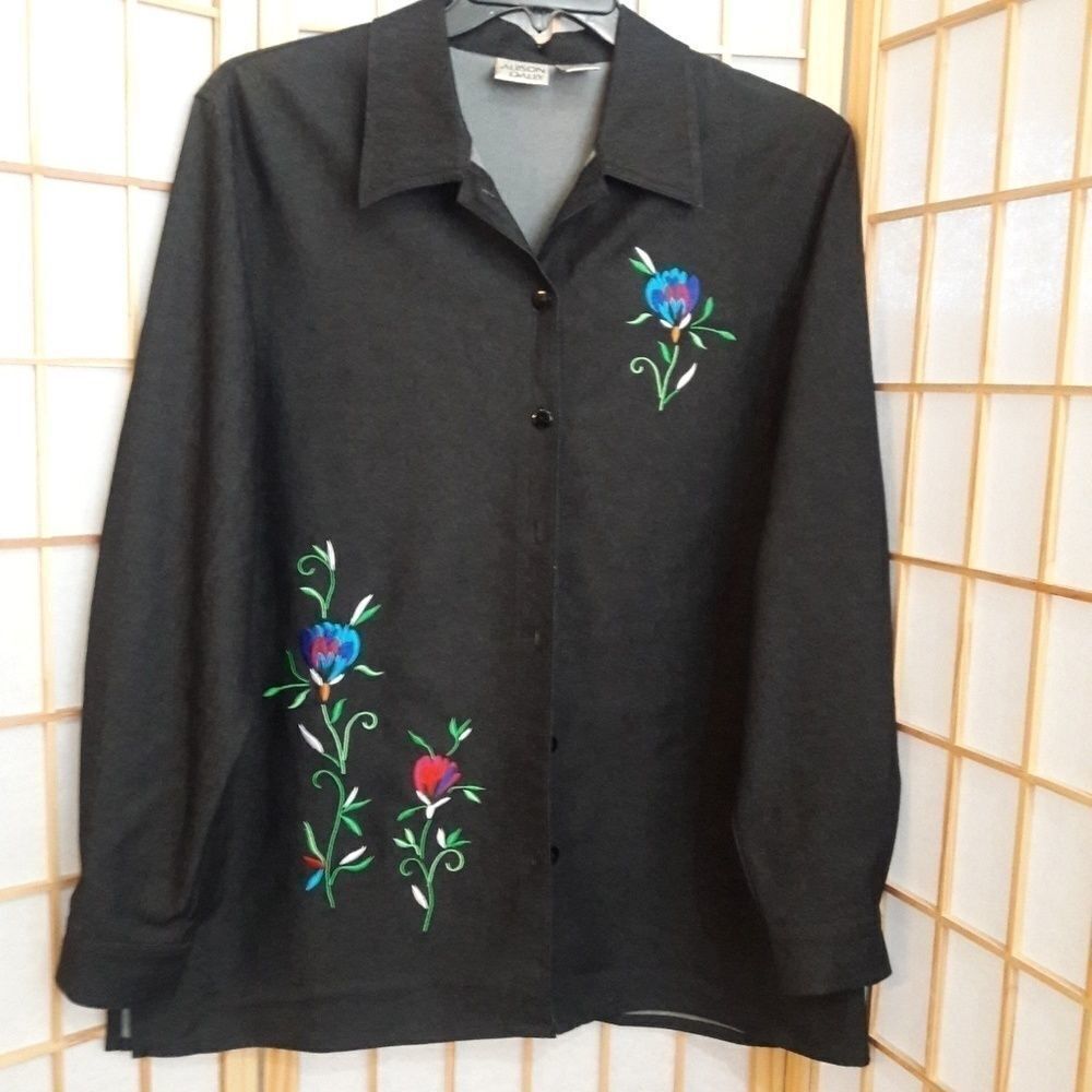 Allison Daley Floral Denim Blue Jean Shirt  Sz L